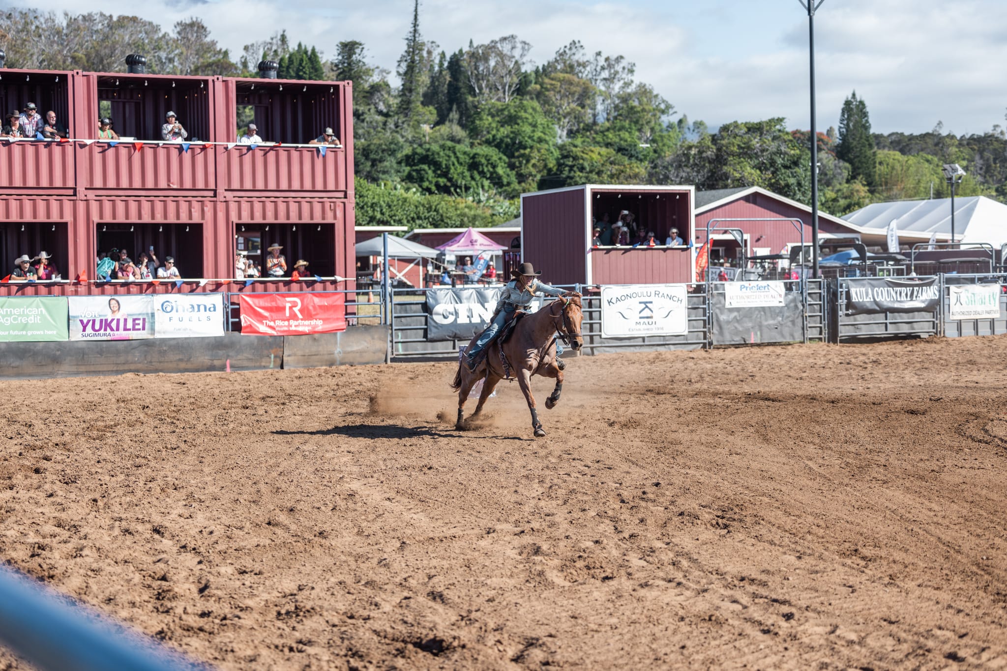 A rider on a horse competes in a rodeo arena at the Oskie Rice Event Center, surrounded by enthusiastic spectators in bleachers and colorful signs on the fence, creating an unforgettable Maui Events experience.